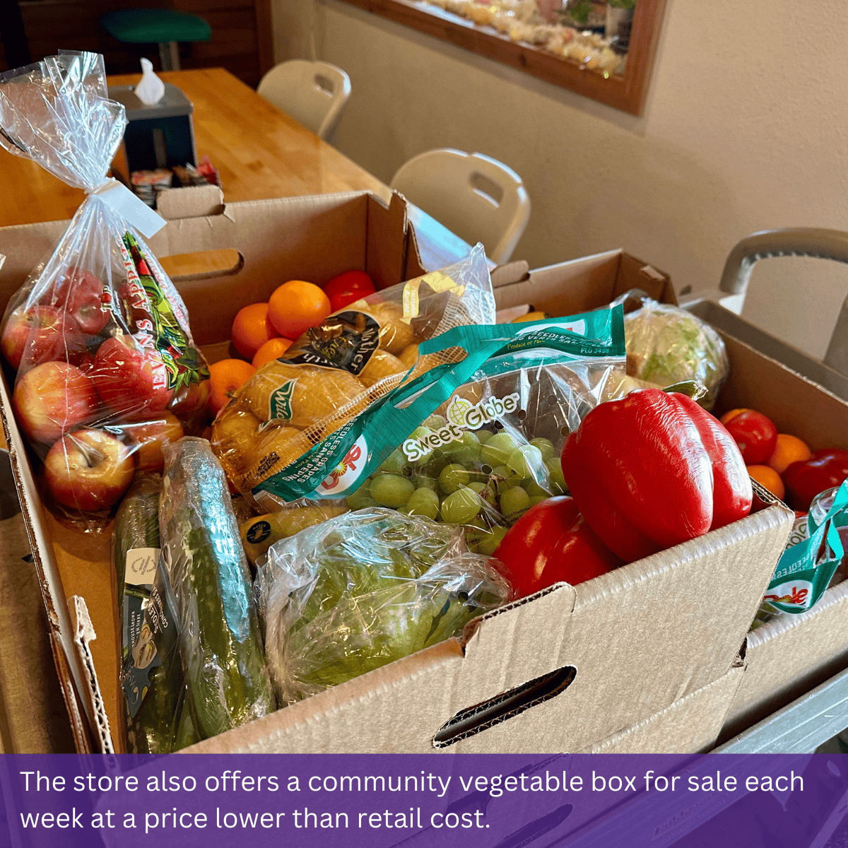 The store also offers a community vegetable box for sale each week at a price lower than retail cost.